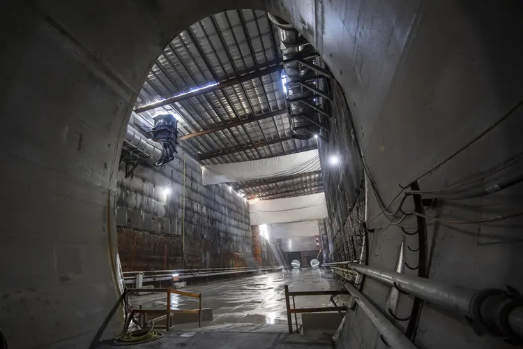 A view from inside the tunnel entry looking into the Crows Nest Station box.
