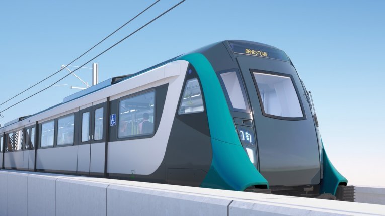 An artist's impression of a Sydney Metro train travelling towards Bankstown.