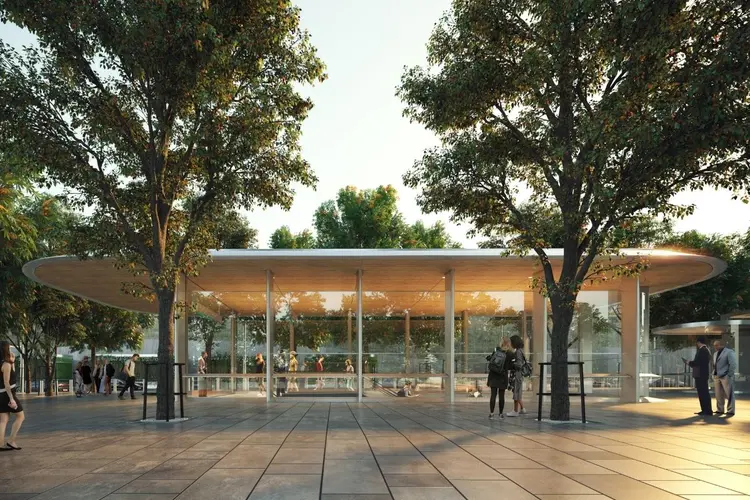 An artist's impression commuters walking around outside of the northern entrance of the new Sydney Metro Barangaroo Station, looking east. 
