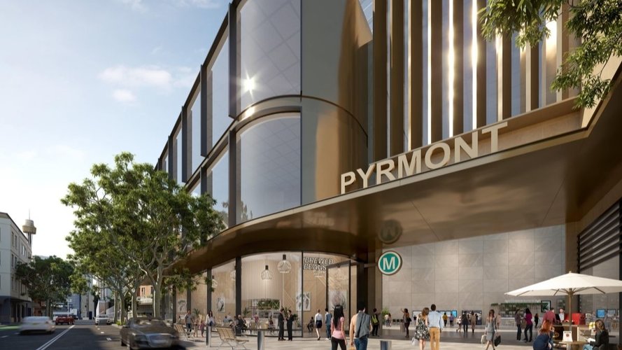 Artist's impression of the new Pyrmont Station as viewed from street level outside while commuters walk around and into the station.