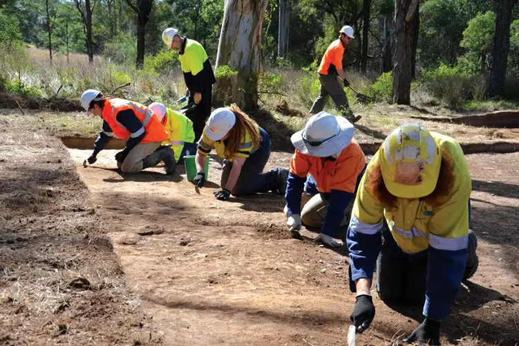 7 archaeologists and Aboriginal community representatives are at work on an archaeological dig site.