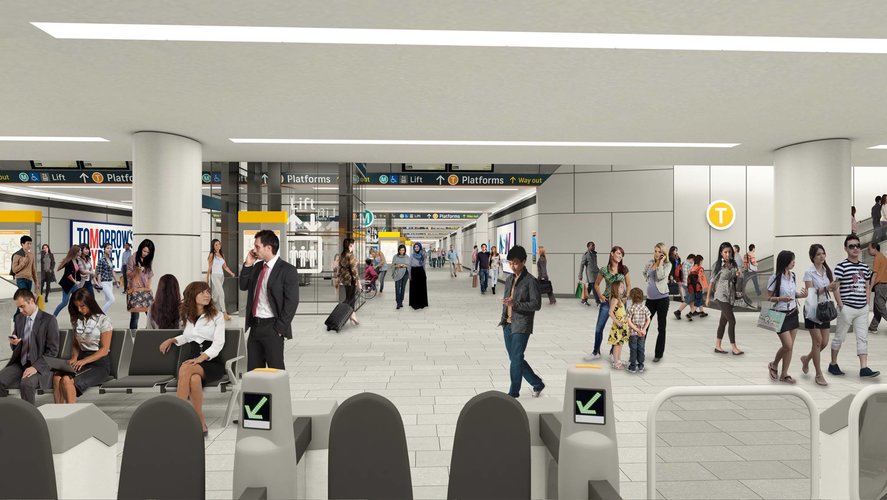 Artist's impression of commuters walking around inside the new Central Station walk that connect Sydney Metro platforms.