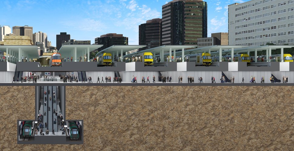 A 3D artist's impression of new Sydney Metro platforms shown below ground at Central Station.