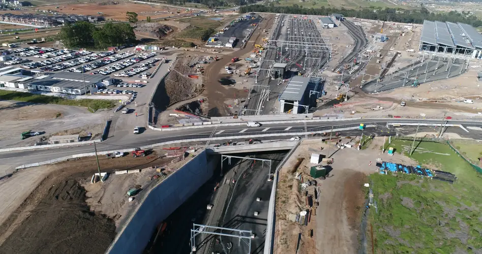 A bird's eye view showing the Sydney Metro Trains Facility at Tallawong as the road bridge re-opens.