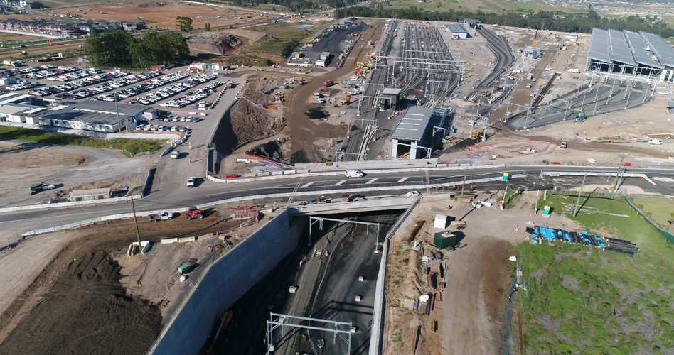 A bird's eye view showing the Sydney Metro Trains Facility at Tallawong as the road bridge re-opens. 