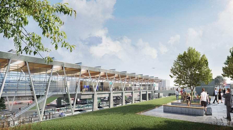An artist’s impression of Airport Business Park Station as viewed from the southern side of the station, looking north.