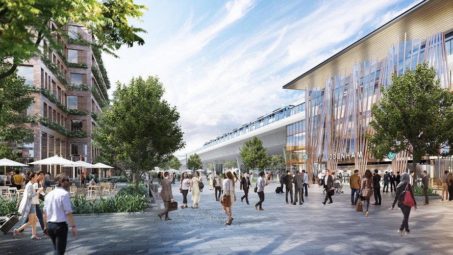 An artist impression of people walking around in front of the new Luddenham Station being delivered as part of the Sydney Metro – Western Sydney Airport project.