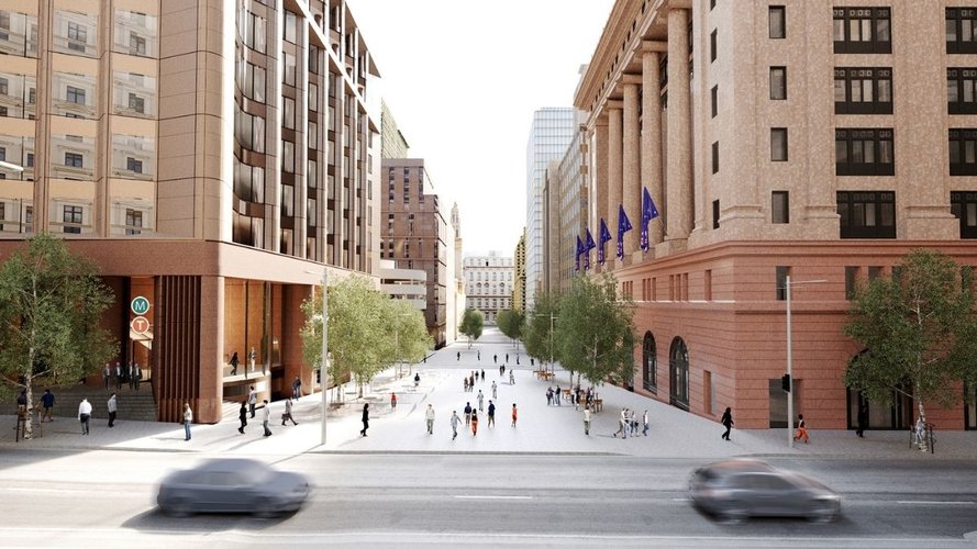An artist impression of Martin Place plaza looking west. There are people moving around the plaza with a tall brick building on either side.