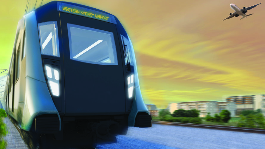 Artist's impression of a metro train travelling on the new Western Sydney Airport line at sunset while a plane flies overhead.