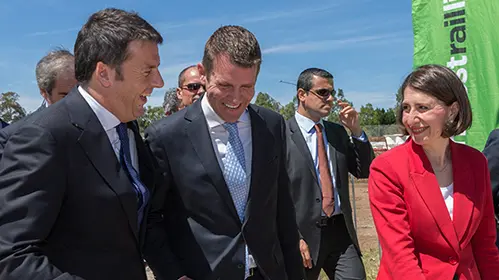 A close up shot of the Italian Prime Minister with former NSW Premier Gladys Berejiklian at the Northwest Rail Link event. 