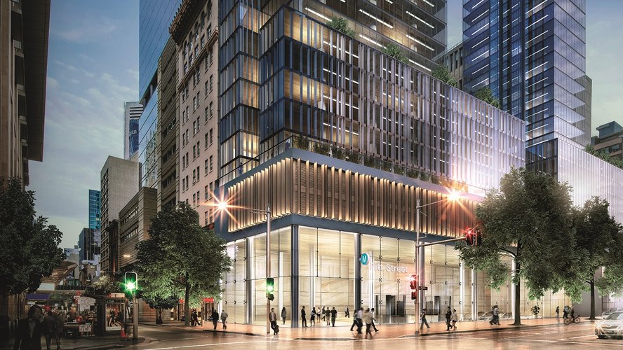 An artist’s impression of Pitt Street Station north building, as viewed from the corner of Castlereagh Street at dusk.