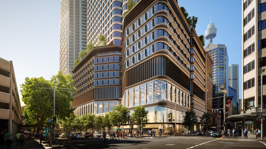 An artist’s impression of a podium-level shot of the Pitt Street Station north building, as viewed from the corner of Castlereagh Street. 