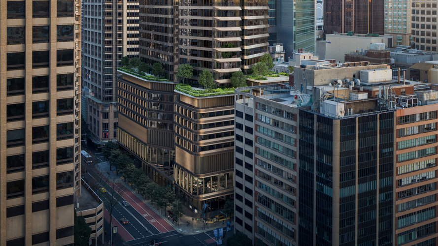 Artist's impression of an aerial view of the new Pitt Street metro station north tower in the Sydney CBD.