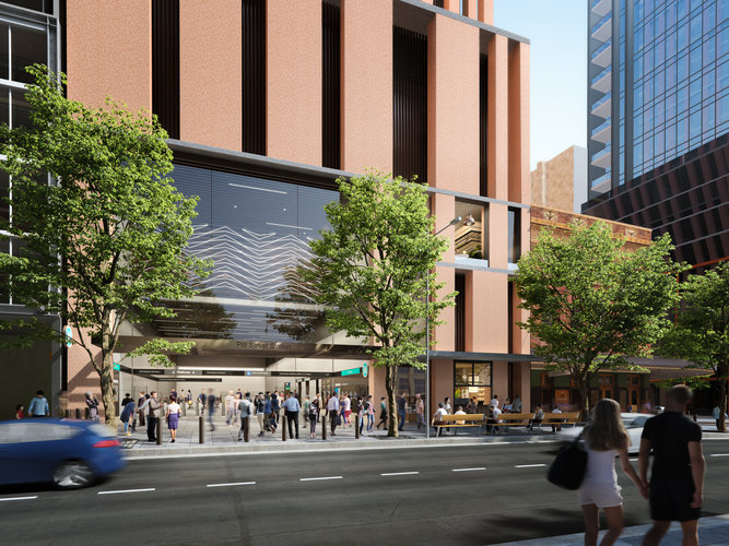 An artist’s impression of the street view of Pitt Street Station’s southern entry and integrated station development, being delivered as part of the Sydney Metro City & Southwest project.