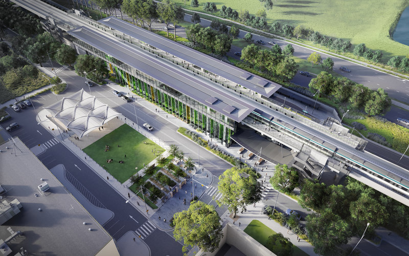 Artist's impression of a bird's eye view of Sydney Metro's Rouse Hill Station. 