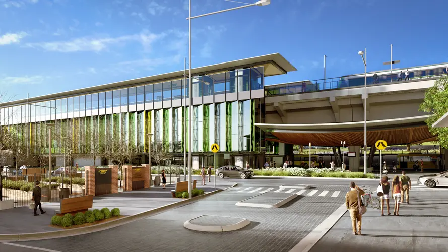 Artist's impression of people walking outside of Rouse Hill Station crossing the street to enter the station.