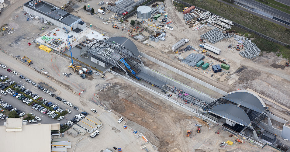 An ariel shot of the Bella Vista Station construction site. The newly installed blue gum leaf shaped canopies can be seen from above.