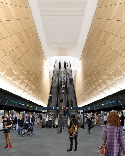 Artist's impression of people walking around the new platforms inside Sydney's Central Station.