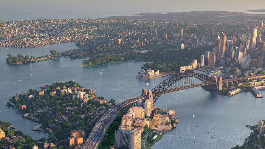A bird's eye view overlooking Sydney Harbour showing the icons Lunar Park, Sydney Harbour Bridge, Sydney Opera House, Sydney CBD skyline with Centrepoint Tower and surrounding suburbs.
