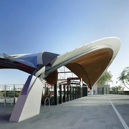 Artist's impression of Castle Hill Station design with a large gum leaf design overtop of the opal turnstyles.