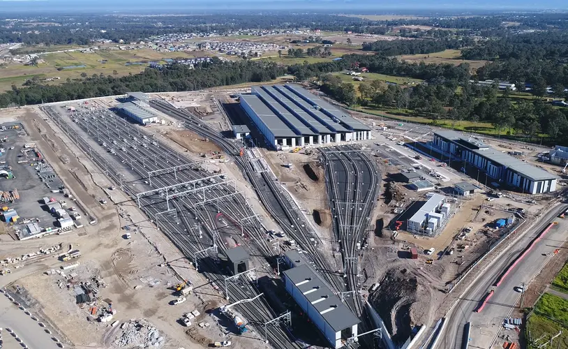 A bird's eye view of the completed train tracks at Sydney Metro's Train Facility at Rouse Hill.