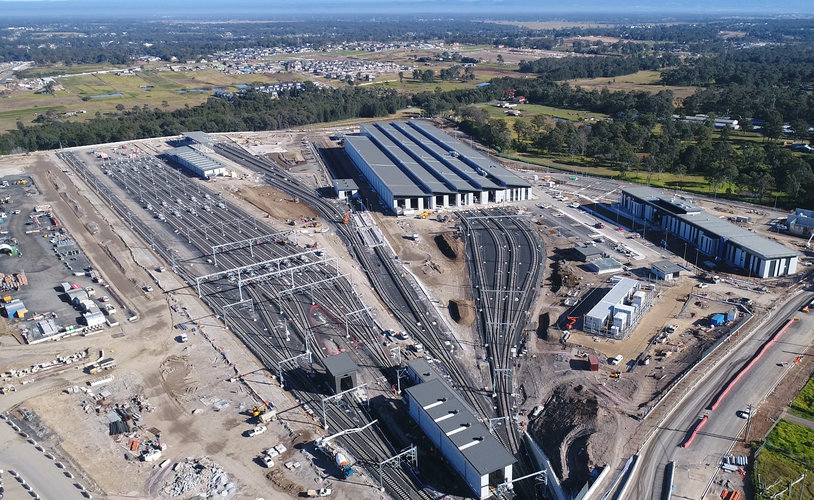 A bird's eye view of the completed train tracks at Sydney Metro's Train Facility at Rouse Hill. 
