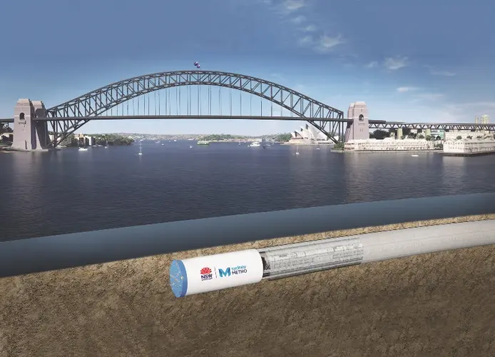 Artist's impression of a Sydney Metro TBM travelling underground beneath Sydney Harbour.