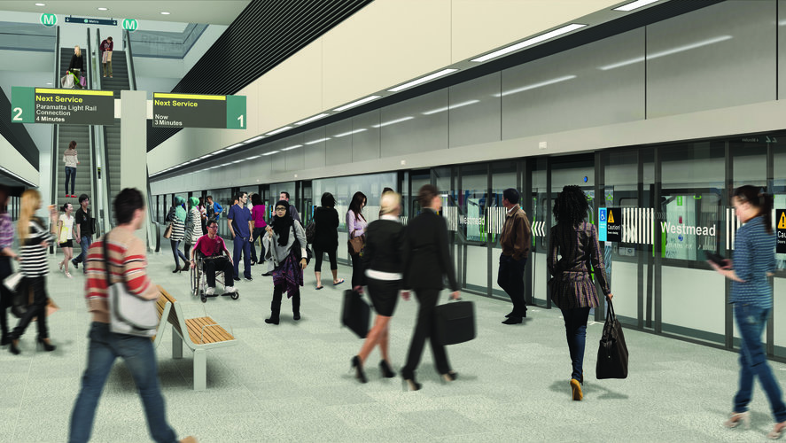 An artist's impression of commuters travelling on the platforms behind the glass platform doors at Sydney Metro's Westmead station. 
