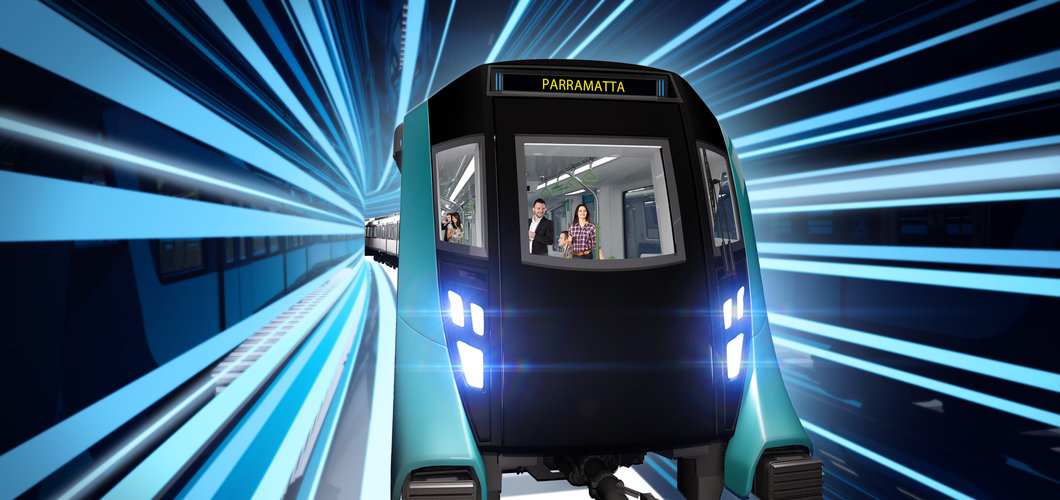 An artist's impression of a Sydney Metro train going through a tunnel that is lit up.