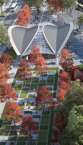 Artist's impression of an aerial view over Castle Hill Metro Station.