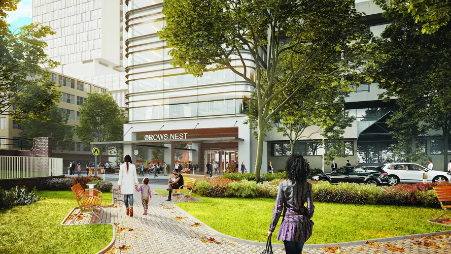 An Artist's impression of commuters walking through the park at Sydney Metro's Crows Nest Station.