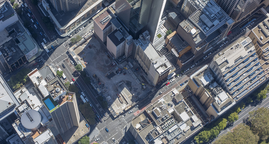 A bird's eye view overlooking the construction site as demolition begins at Sydney Metro's Pitt Street Station in March 2018. 