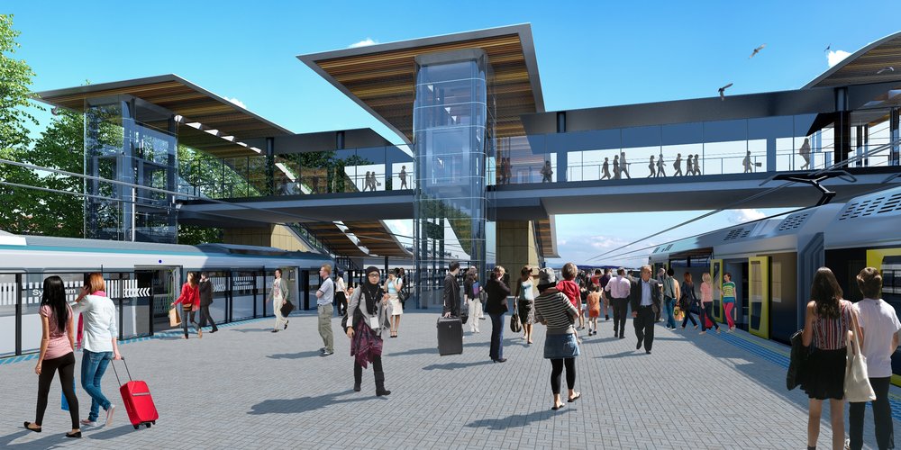 Artist's impression of the platforms at the new Sydenham Station. People are walking into the metro train through the platform screen doors. A pedestrian bridge is above.