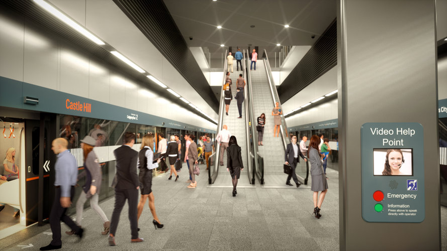 Artist's impression of commuters walking around the video help point on a Metro platform at an underground station.
