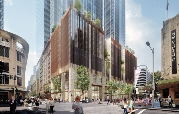 An artist's impression of commuters walking around outside of Sydney Metro's Pitt Street Station north building showing the over station development, as viewed from the corner of Castlereagh Street.