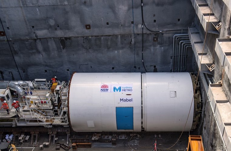 An arial view looking down at Tunnel Boring Machine Mabel in place at a Sydney Metro construction site.