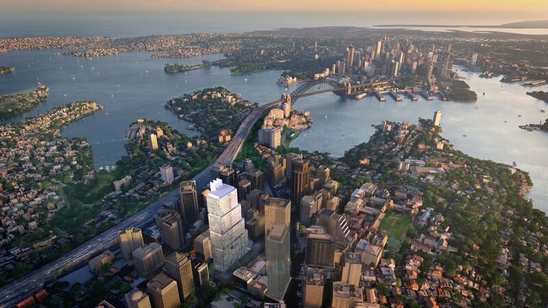 An artist's impression showing a bird's eye view of Sydney Metro's Victoria Cross Station highlighted in white, with surrounding suburbs of North Sydney, Sydney Harbour bridge and Sydney harbour in colour. 