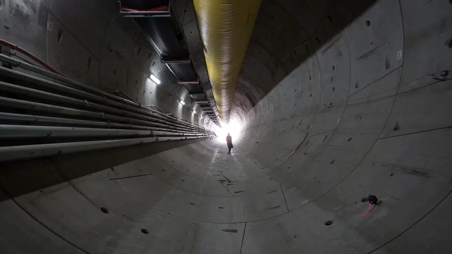 A view of a construction worker inside the tunnel at Bella Vista.