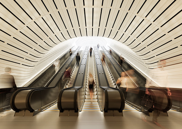 An artist's impression of commuters traveling up and down the 5 escalators at Sydney Metro's Victoria Cross Station. 