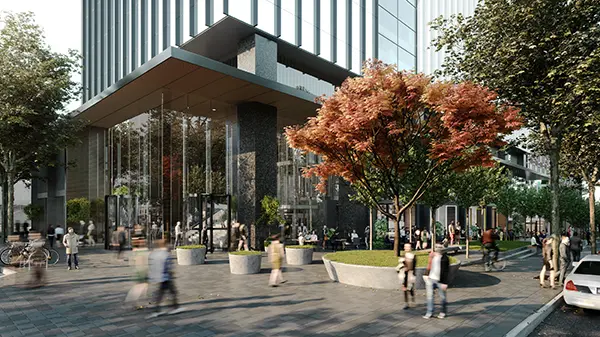 An artist's impression of commuters outside the entrance of Sydney Metro's Victoria Cross Station. 