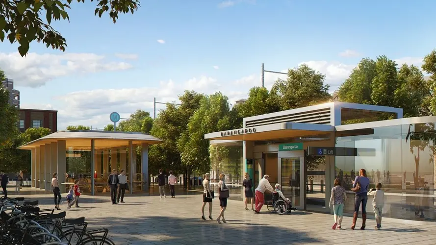 An artist's impression of the northern entrance of the new Sydney Metro Barangaroo Station from Hickson Road, looking north.