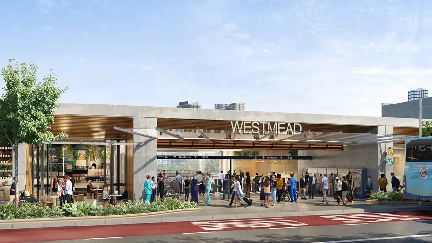 Artist's impression of commuters outside of Sydney Metro's Westmead Station.