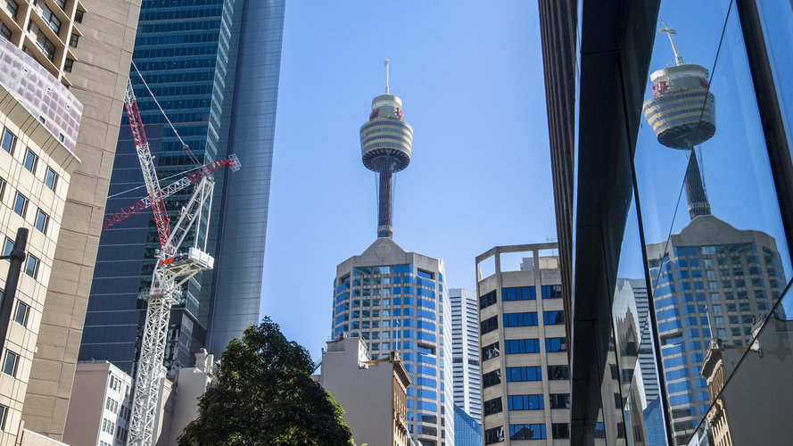 A view of the top of Pitt Street North site with Westfield tower in the background of a clear blue sky.