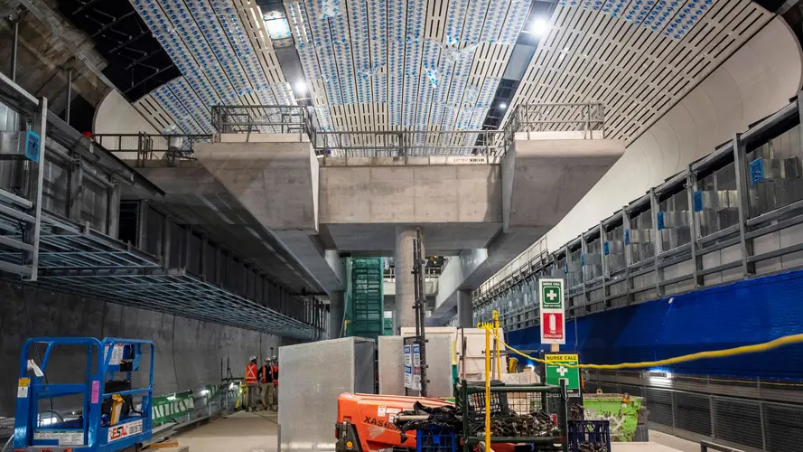 A view of the construction work happening inside the cavern at Sydney Metro's Victoria Cross station