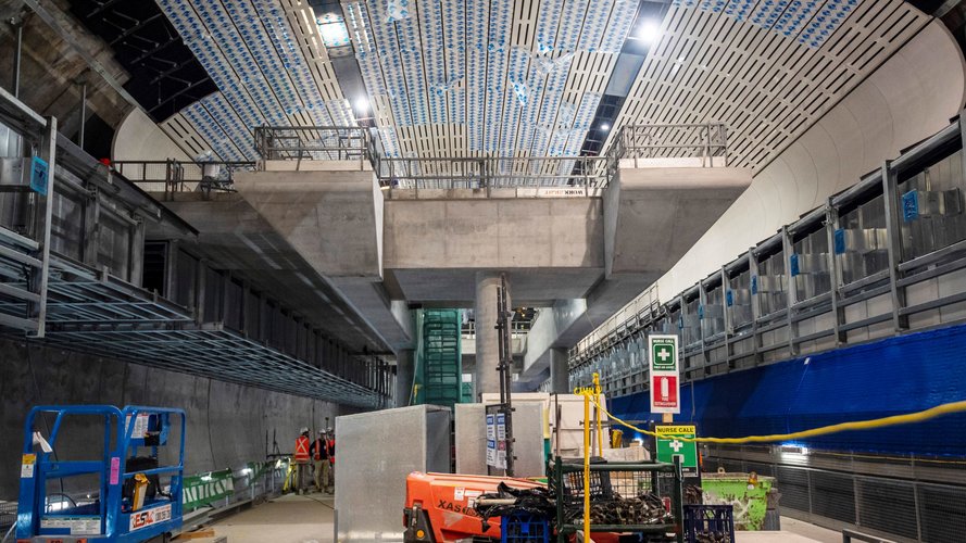  A view of the construction work happening inside the cavern at Sydney Metro's Victoria Cross station