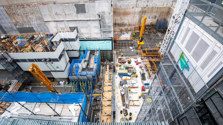 An aerial view of the construction site at Sydney Metro's Victoria Cross Station