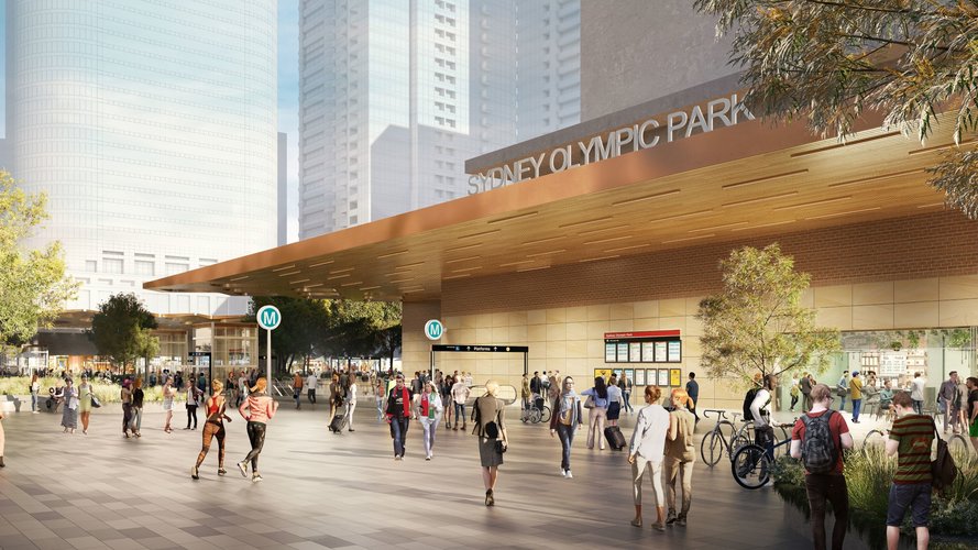 An artist's impression of commuters walking around outside the new Sydney Olympic Park metro station.