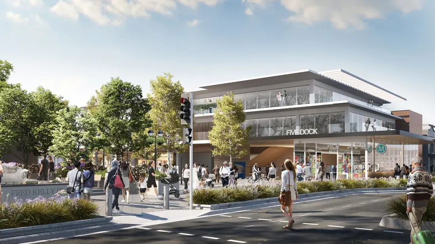 Artist's impression of the street view of commuters travelling in and out of Sydney Metro's Five Dock Station.