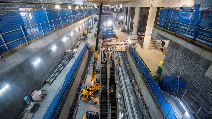 Birdseye view of the escalators being installed underground at Barangaroo Station.