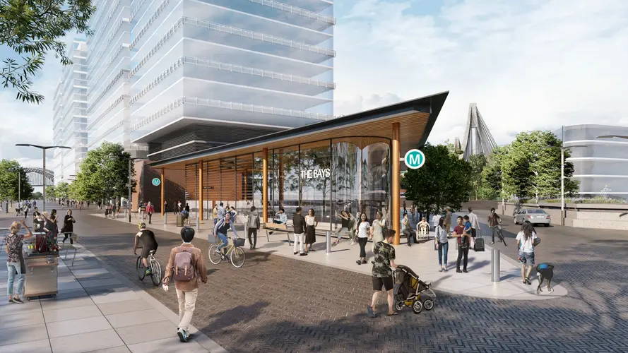 Artist's impression of commuters outside the entrance of Sydney Metro's The Bays Station